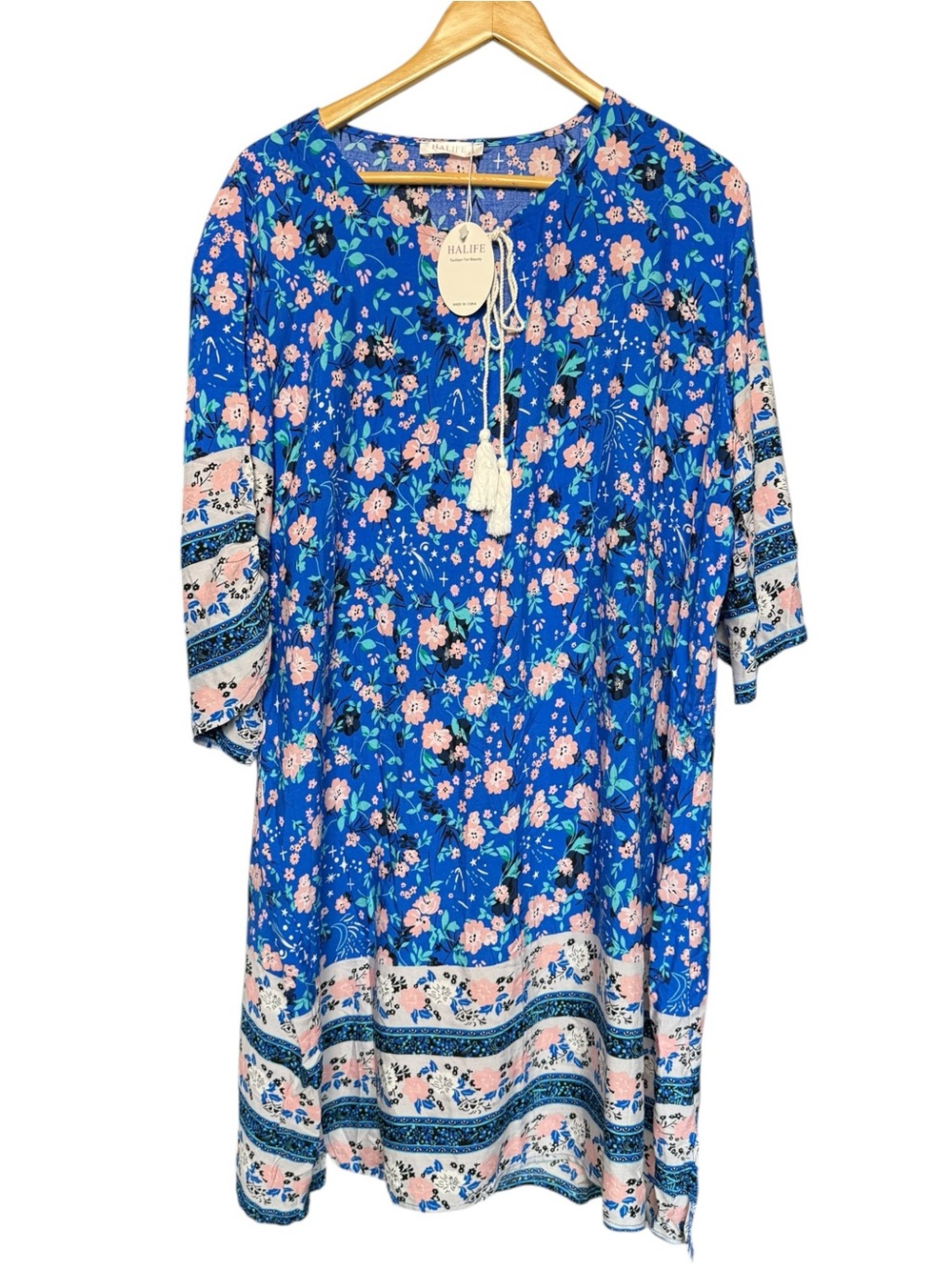 Halife bohemian women's blue floral print tassel tie relaxed fit 2XL NWT